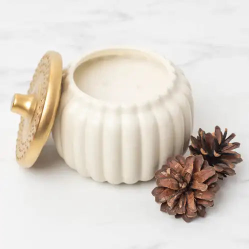 19oz Ivory Ceramic Pumpkin Jar w/gold lid